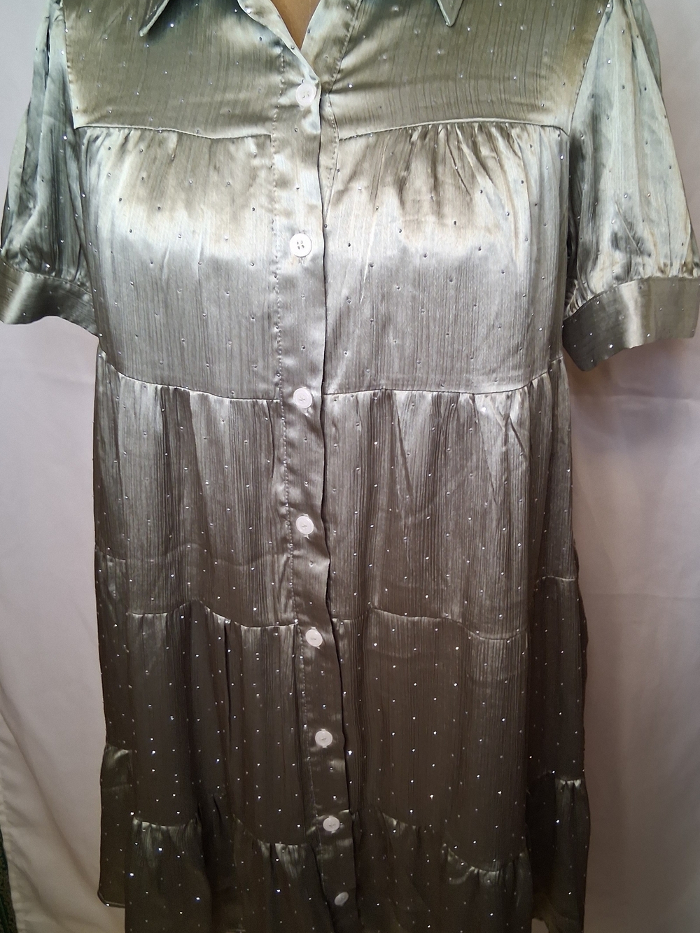 Heyson Shimmering Beaded Satin Tiered Shirt Dress – Metallic Sage Silver